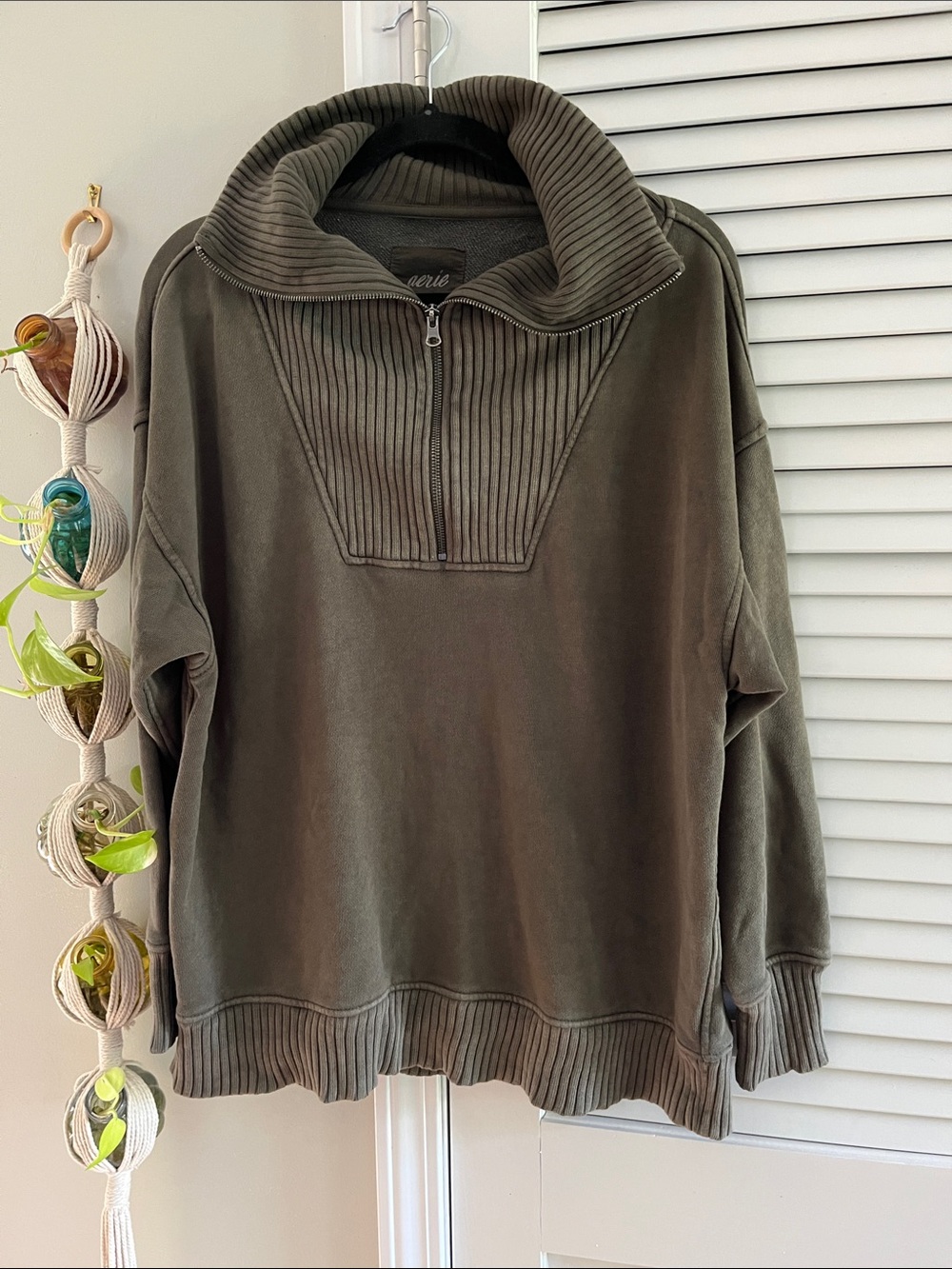 aerie Olive Green Ribbed Half-Zip Funnel Neck Sweatshirt